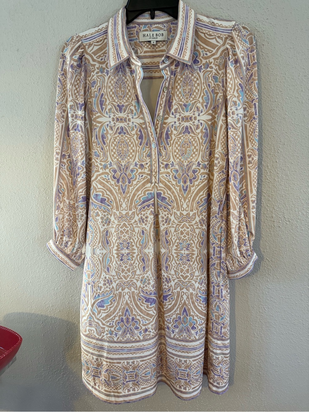 Hale Bob Beige and Lavender Printed Long Sleeve Shirt Dress